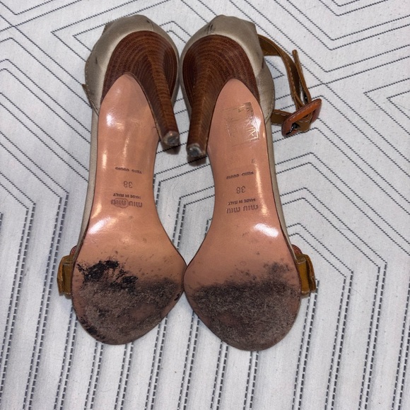 Miu Miu | Peep-Toe Orange/Tan Heeled Sandals | Size 38 (US 7.5) | 3.75” - Picture 6 of 8